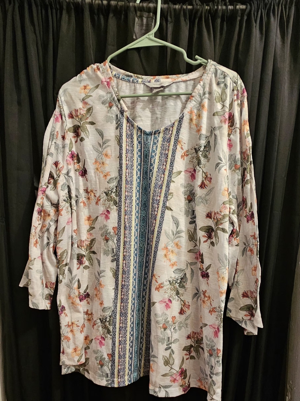 CJ Banks Cream Floral Tunic with Blue Center Panel